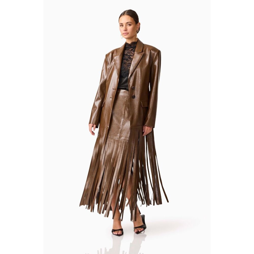 ELLIATT Vegan Leather Fringe Suit Set – Brown Blazer & Maxi Skirt size S NWT - Picture 1 of 11